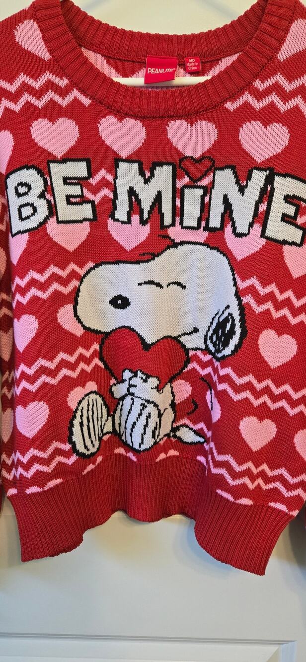Peanuts Sweater Womens M Red Pink Valentine Long Sleeve Snoopy Hearts Be Mine
